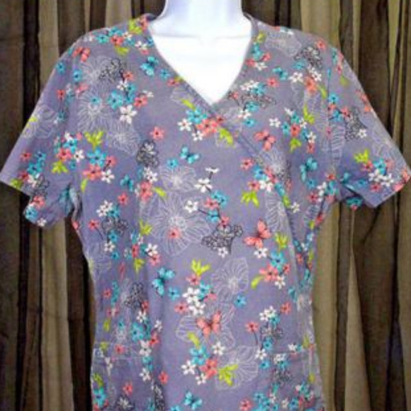Gray Floral Scrub Top SB Scrubs Size Medium - Picture 1 of 8